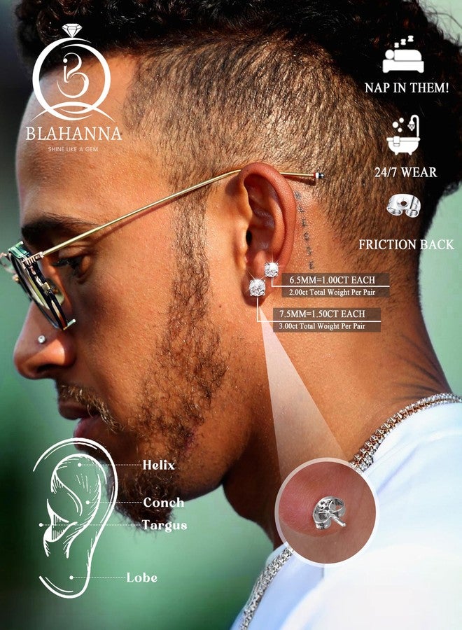 Blahanna أقراط مرصعة بحجر المويسانايت، مطلية بالذهب الأبيض عيار 18 قيراطًا، بقطع دائري لامع، مصنوعة من الفضة الإسترليني عيار 925، مضادة للحساسية، مجوهرات رقيقة من المويسانايت مناسبة للأذن الحساسة، لون D، نقاء VVS1، للنساء والرجال، 0.8-3 قيراط - Image 4